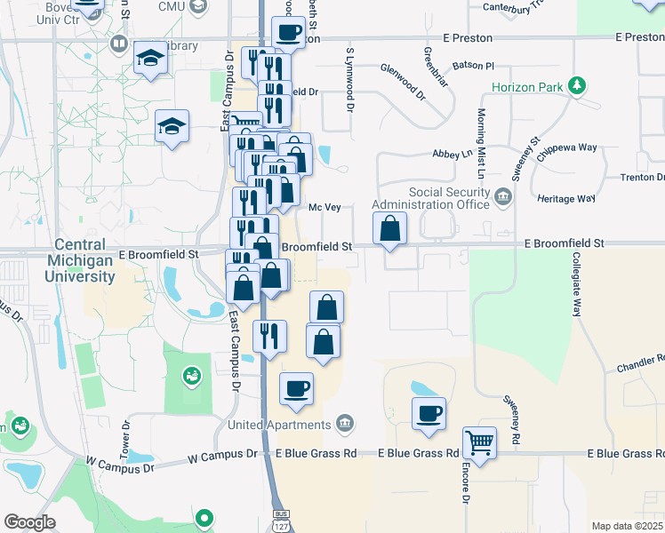 map of restaurants, bars, coffee shops, grocery stores, and more near 2001 Elva Street in Mount Pleasant