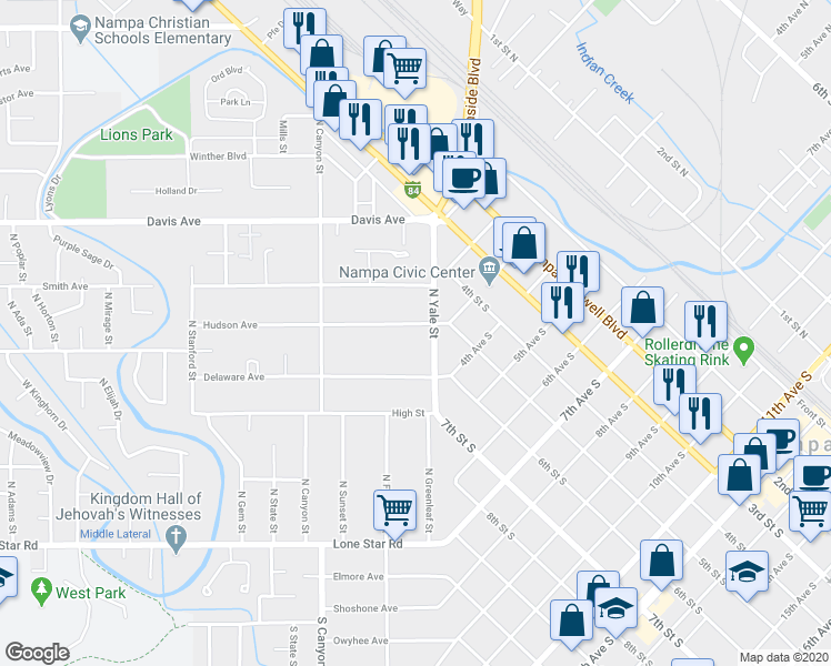 map of restaurants, bars, coffee shops, grocery stores, and more near 111 Hudson Avenue in Nampa