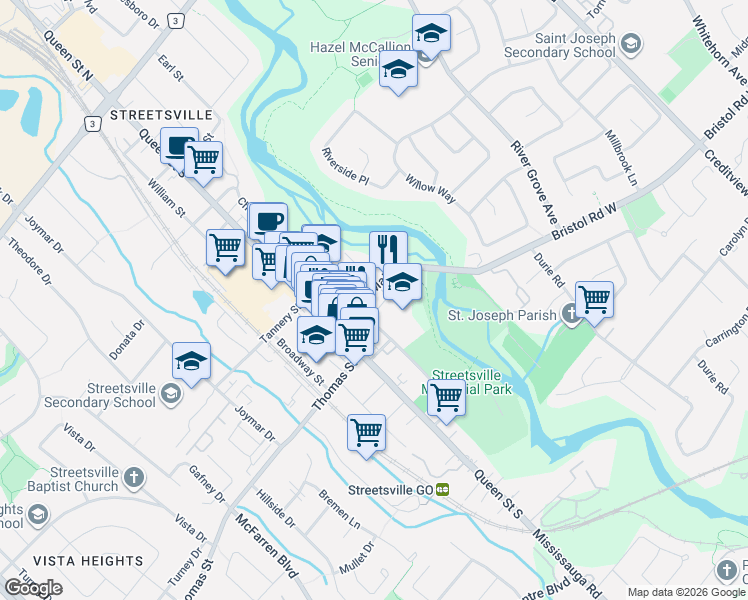 map of restaurants, bars, coffee shops, grocery stores, and more near 27 Main Street in Mississauga