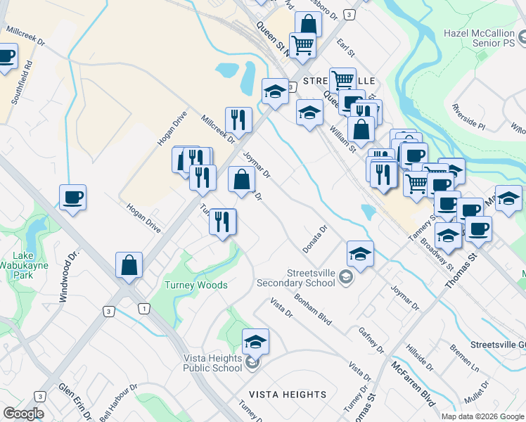 map of restaurants, bars, coffee shops, grocery stores, and more near 30 Theodore Drive in Mississauga