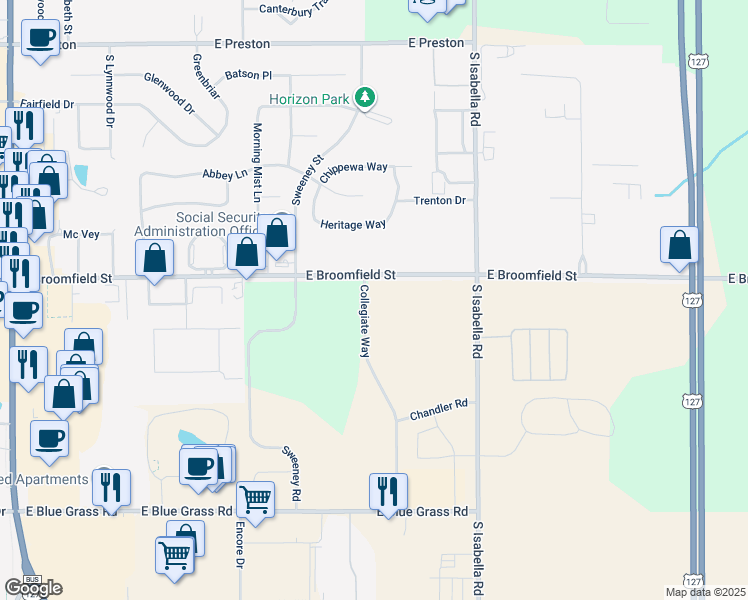 map of restaurants, bars, coffee shops, grocery stores, and more near 4820 East Broomfield Road in Mount Pleasant