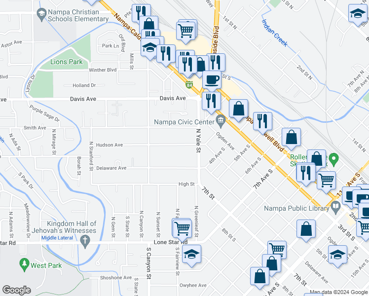 map of restaurants, bars, coffee shops, grocery stores, and more near 117 Hudson Avenue in Nampa