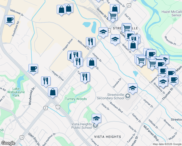 map of restaurants, bars, coffee shops, grocery stores, and more near 5937 Rayshaw Crescent in Mississauga