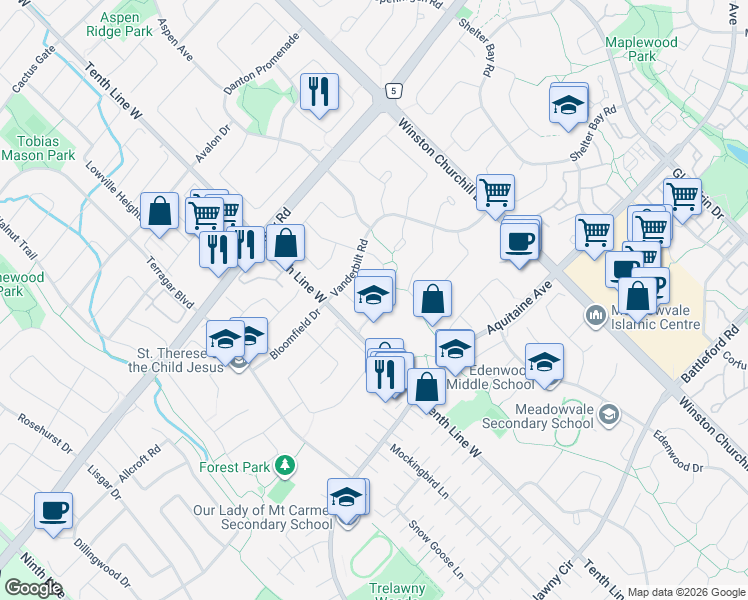 map of restaurants, bars, coffee shops, grocery stores, and more near 3158 Harris Crescent in Mississauga