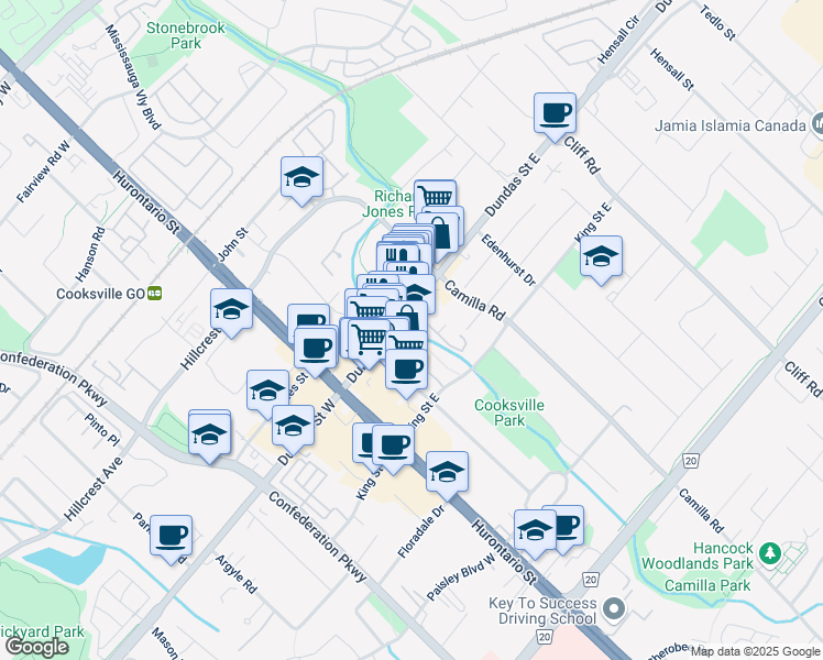 map of restaurants, bars, coffee shops, grocery stores, and more near in Mississauga