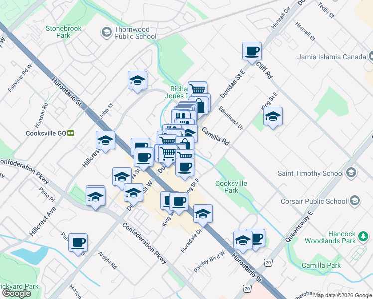map of restaurants, bars, coffee shops, grocery stores, and more near 86 Dundas Street East in Mississauga