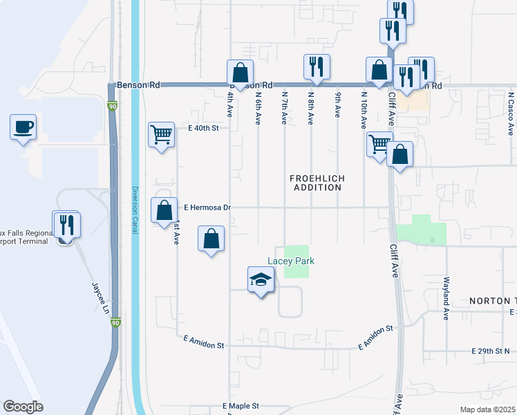 map of restaurants, bars, coffee shops, grocery stores, and more near 3401 North 6th Avenue in Sioux Falls