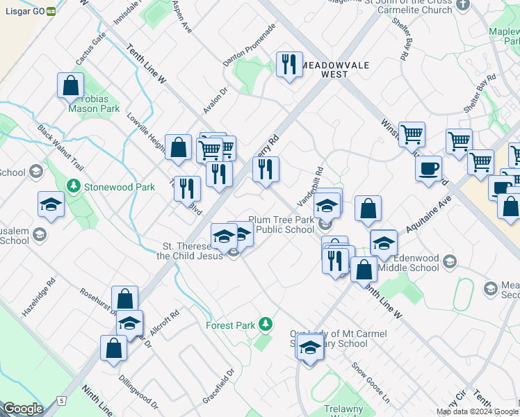 map of restaurants, bars, coffee shops, grocery stores, and more near 3229 Fanleaf Drive in Mississauga