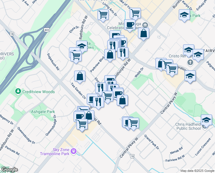 map of restaurants, bars, coffee shops, grocery stores, and more near 470 Burnhamthorpe Road West in Mississauga