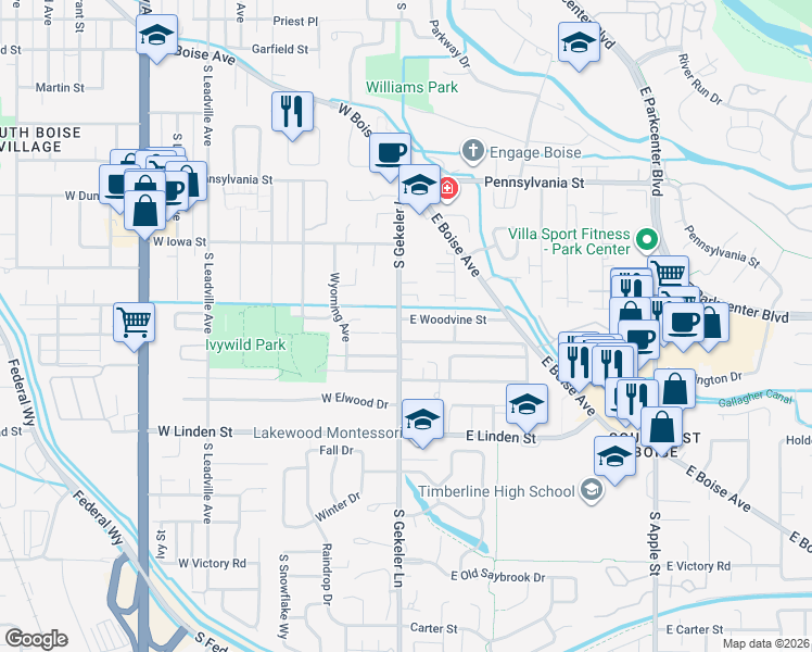 map of restaurants, bars, coffee shops, grocery stores, and more near 2288 South Gekeler Lane in Boise