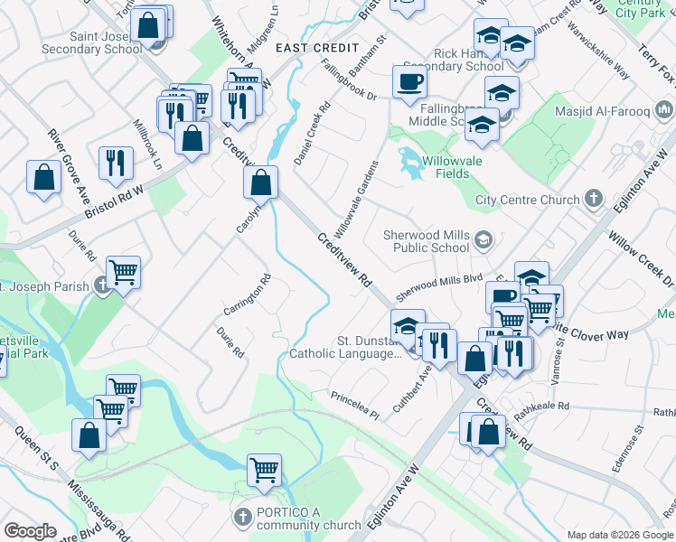 map of restaurants, bars, coffee shops, grocery stores, and more near 5248 Creditview Road in Mississauga