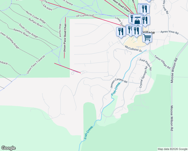 map of restaurants, bars, coffee shops, grocery stores, and more near 3680 Michael Drive in Teton Village