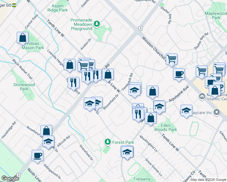 map of restaurants, bars, coffee shops, grocery stores, and more near 3204 Coralbean Place in Mississauga