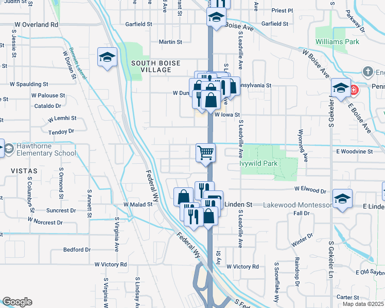 map of restaurants, bars, coffee shops, grocery stores, and more near 1079 West Targee Street in Boise