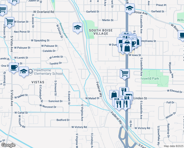 map of restaurants, bars, coffee shops, grocery stores, and more near 1399 West Targee Street in Boise