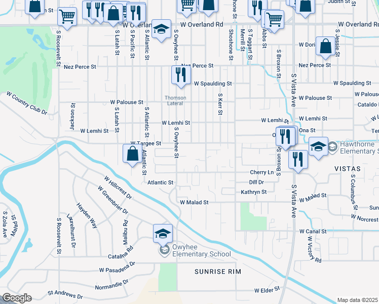 map of restaurants, bars, coffee shops, grocery stores, and more near 3317 West Targee Street in Boise
