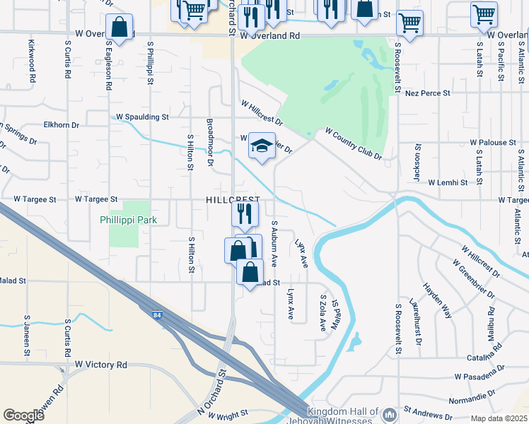 map of restaurants, bars, coffee shops, grocery stores, and more near 2204 South Pond Street in Boise