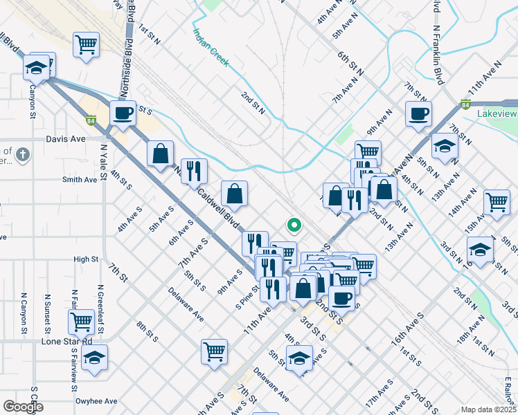 map of restaurants, bars, coffee shops, grocery stores, and more near 5 8th Avenue South in Nampa