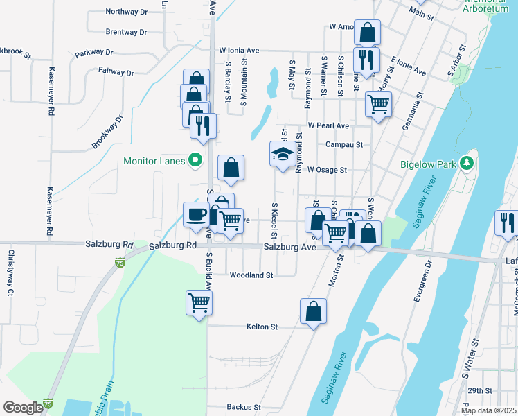 map of restaurants, bars, coffee shops, grocery stores, and more near 1700 South Alp Street in Bay City