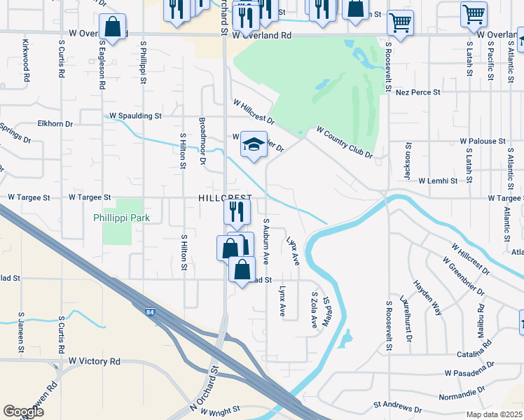 map of restaurants, bars, coffee shops, grocery stores, and more near 2251 South Pond Street in Boise