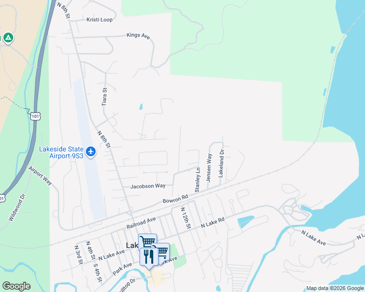 map of restaurants, bars, coffee shops, grocery stores, and more near 515 Rugh Lane in Lakeside