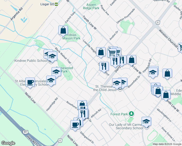 map of restaurants, bars, coffee shops, grocery stores, and more near 3392 Spirea Terrace in Mississauga