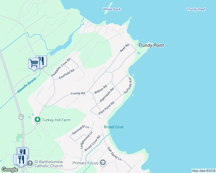 map of restaurants, bars, coffee shops, grocery stores, and more near 9 Wabun Road in Cape Elizabeth