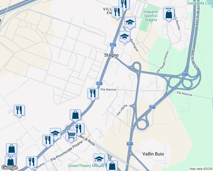 map of restaurants, bars, coffee shops, grocery stores, and more near 70 Strada Statale 1 in Stagno
