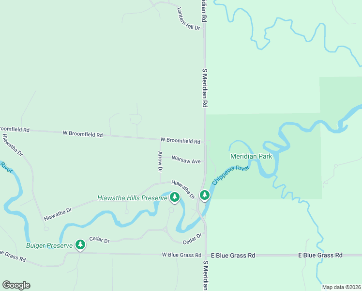 map of restaurants, bars, coffee shops, grocery stores, and more near 80-472 West Broomfield Road in Mount Pleasant