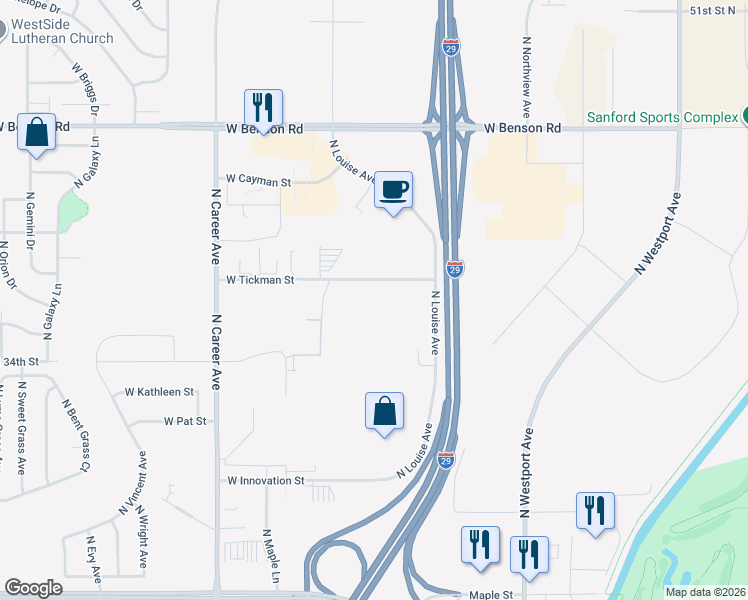 map of restaurants, bars, coffee shops, grocery stores, and more near 3601 West Tickman Street in Sioux Falls