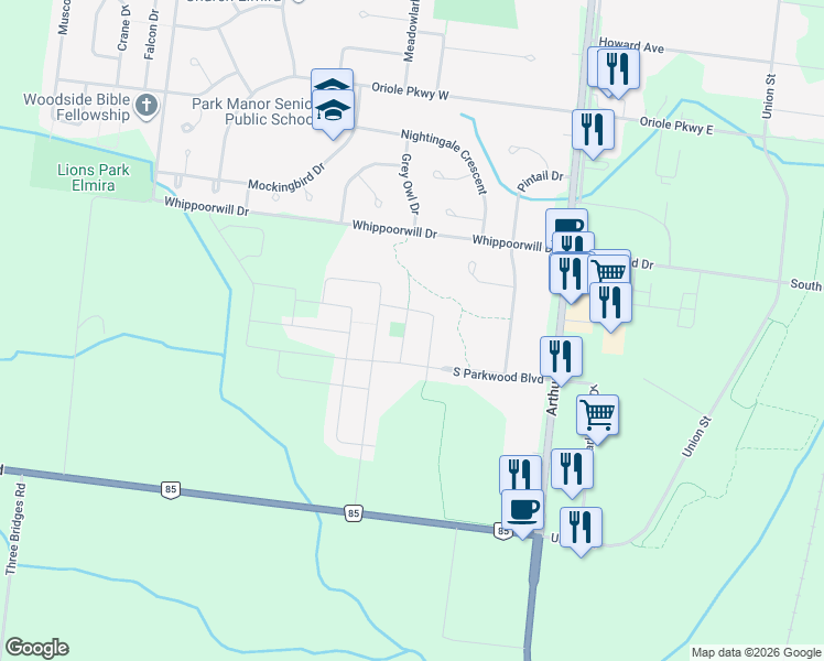 map of restaurants, bars, coffee shops, grocery stores, and more near 29 Bitternut Place in Elmira