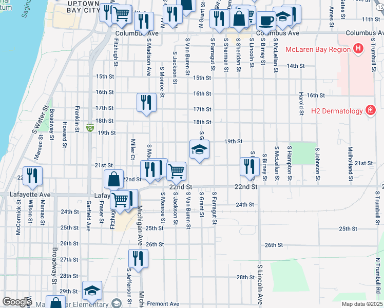 map of restaurants, bars, coffee shops, grocery stores, and more near 806 South Grant Street in Bay City