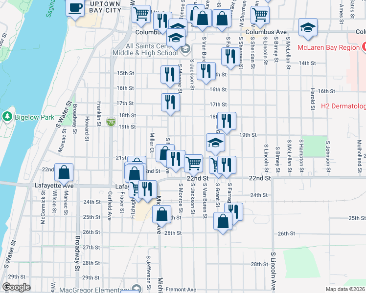 map of restaurants, bars, coffee shops, grocery stores, and more near 1000 19th Street in Bay City