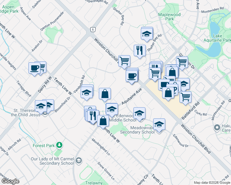 map of restaurants, bars, coffee shops, grocery stores, and more near 3081 Olympus Mews in Mississauga