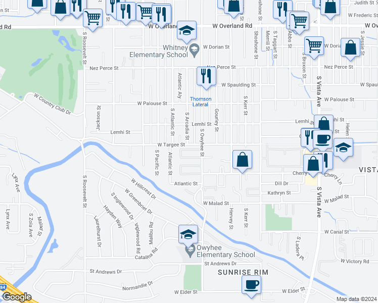 map of restaurants, bars, coffee shops, grocery stores, and more near 3410 West Targee Street in Boise