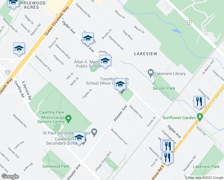 map of restaurants, bars, coffee shops, grocery stores, and more near in Mississauga