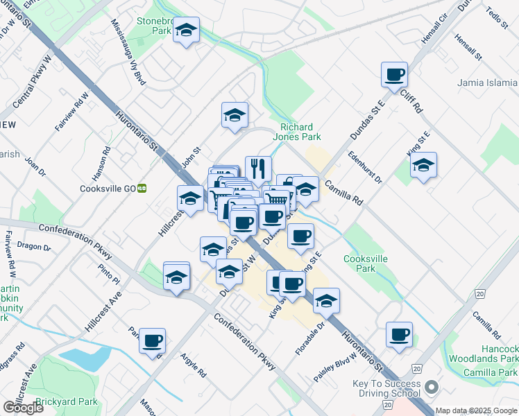 map of restaurants, bars, coffee shops, grocery stores, and more near in Mississauga