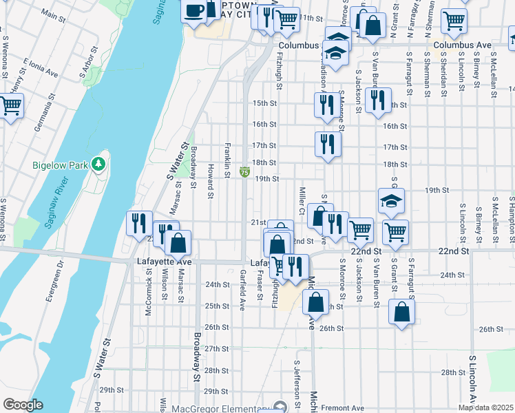 map of restaurants, bars, coffee shops, grocery stores, and more near 901 Garfield Avenue in Bay City