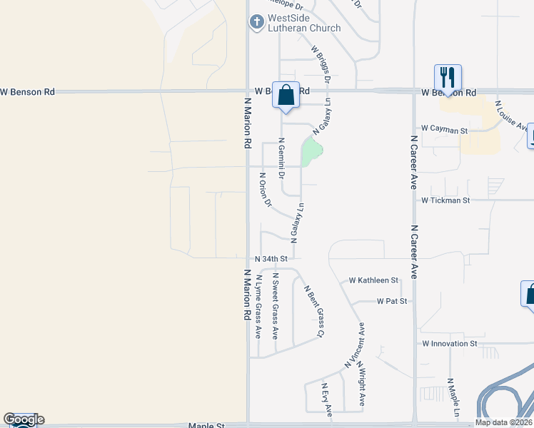 map of restaurants, bars, coffee shops, grocery stores, and more near 3513 North Orion Drive in Sioux Falls