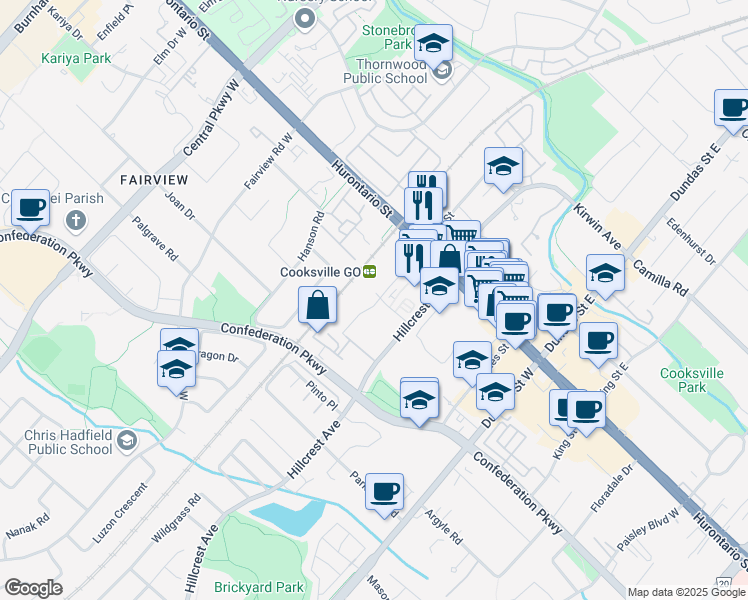 map of restaurants, bars, coffee shops, grocery stores, and more near 3210 Hurontario Street in Mississauga