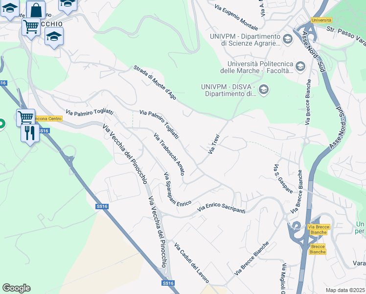 map of restaurants, bars, coffee shops, grocery stores, and more near 56 Via Palmiro Togliatti in Ancona