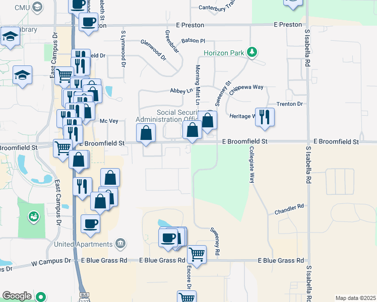 map of restaurants, bars, coffee shops, grocery stores, and more near 1290 East Broomfield Street in Mount Pleasant