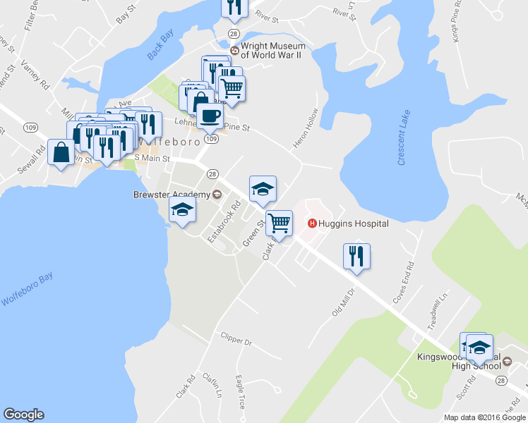 map of restaurants, bars, coffee shops, grocery stores, and more near 210 South Main Street in Wolfeboro