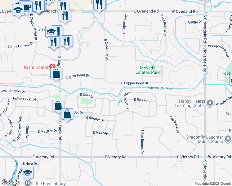 map of restaurants, bars, coffee shops, grocery stores, and more near 3805 East Copper Point Drive in Meridian