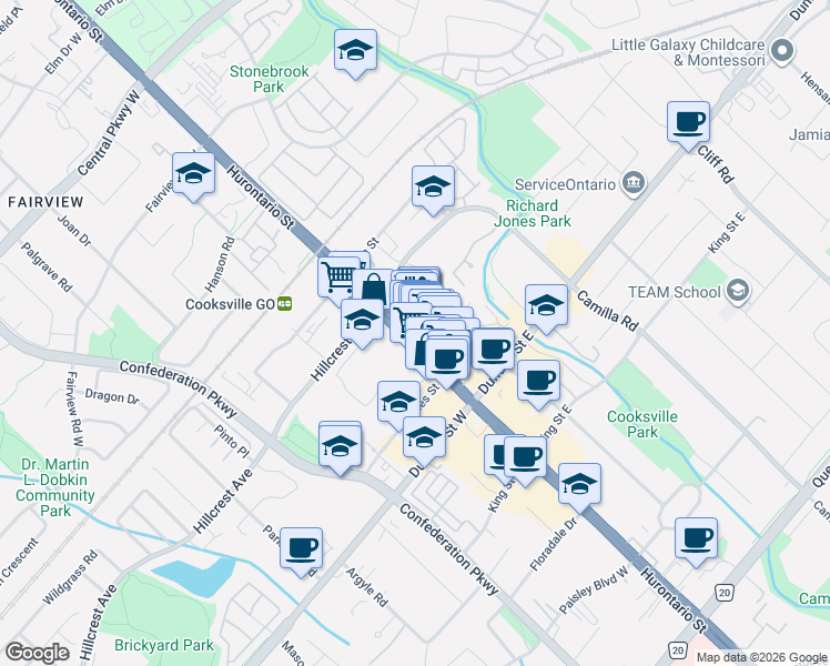 map of restaurants, bars, coffee shops, grocery stores, and more near 3085 Hurontario Street in Mississauga