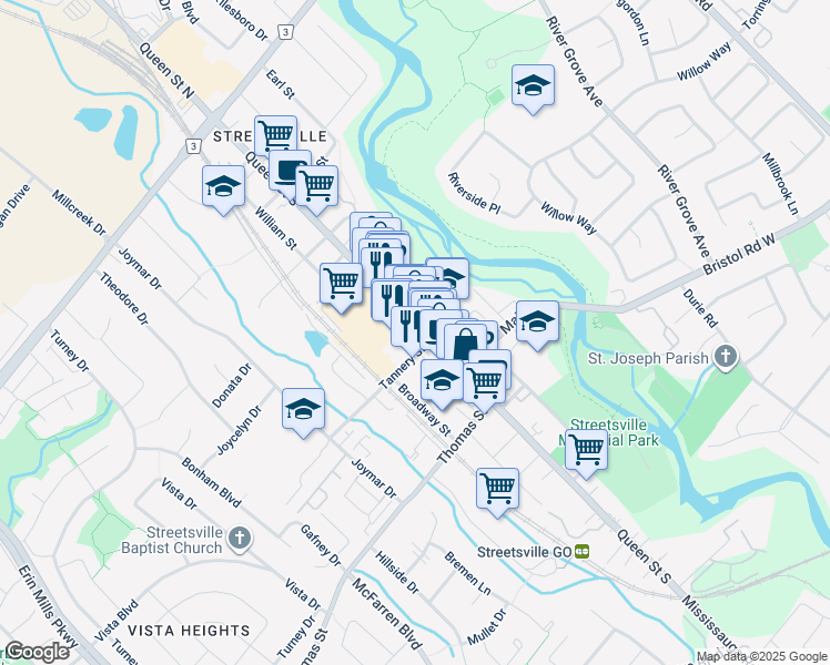 map of restaurants, bars, coffee shops, grocery stores, and more near 168 Queen Street South in Mississauga
