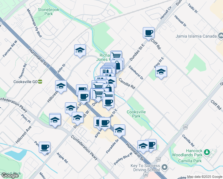 map of restaurants, bars, coffee shops, grocery stores, and more near 86 Dundas Street East in Mississauga