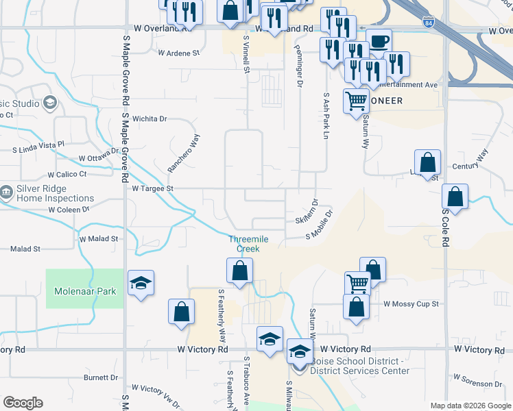 map of restaurants, bars, coffee shops, grocery stores, and more near 8360 West Tether Street in Boise