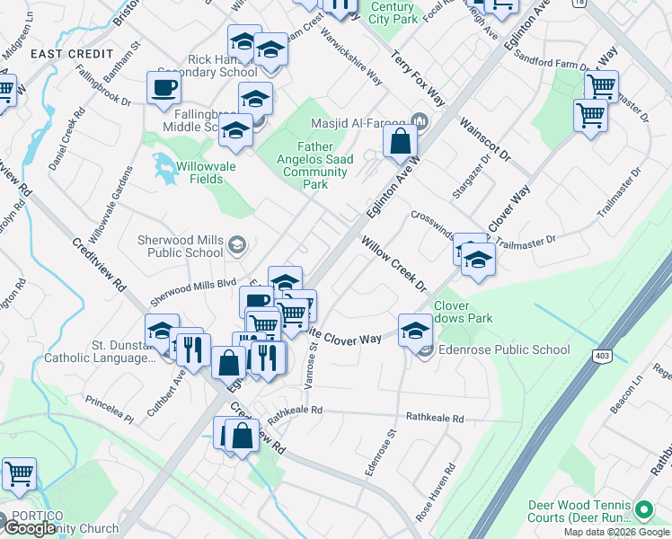 map of restaurants, bars, coffee shops, grocery stores, and more near 1127 Eglinton Avenue West in Mississauga