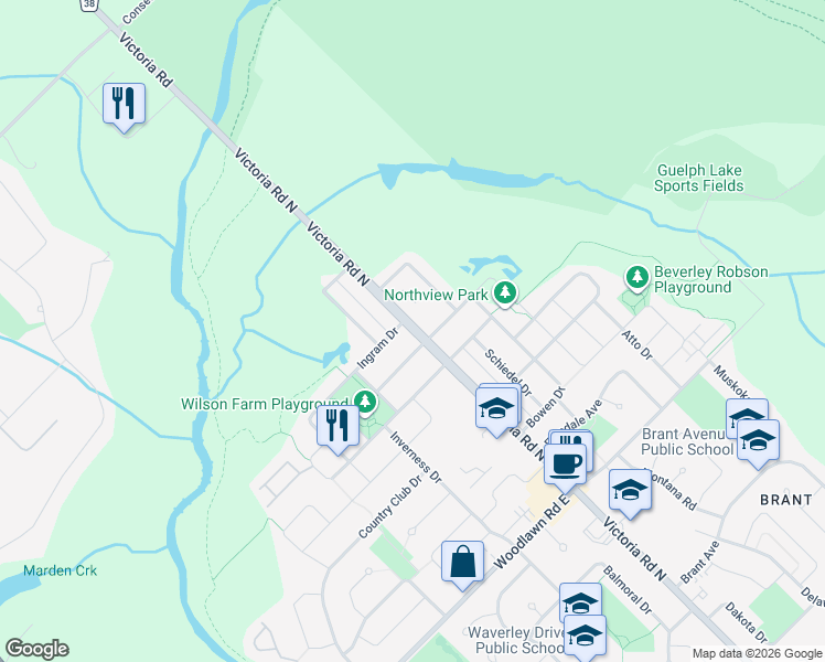 map of restaurants, bars, coffee shops, grocery stores, and more near 662 Victoria Road North in Guelph